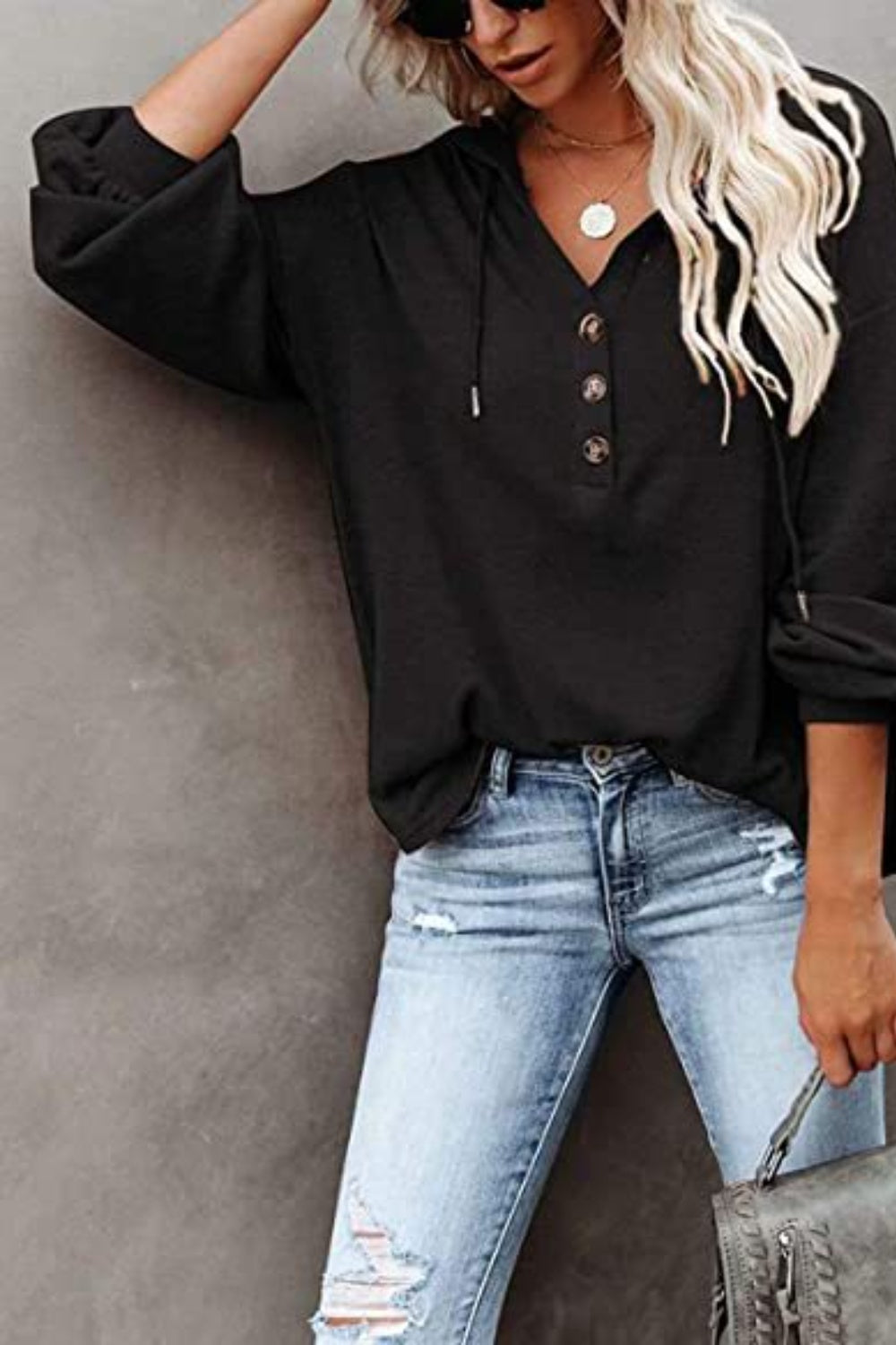 Buttoned Drop Shoulder Hoodie - Tantalize Boutique