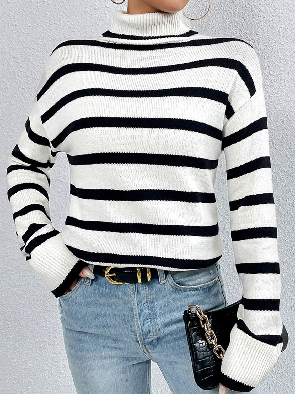 Striped Turtleneck Long Sleeve Sweater - Tantalize Boutique