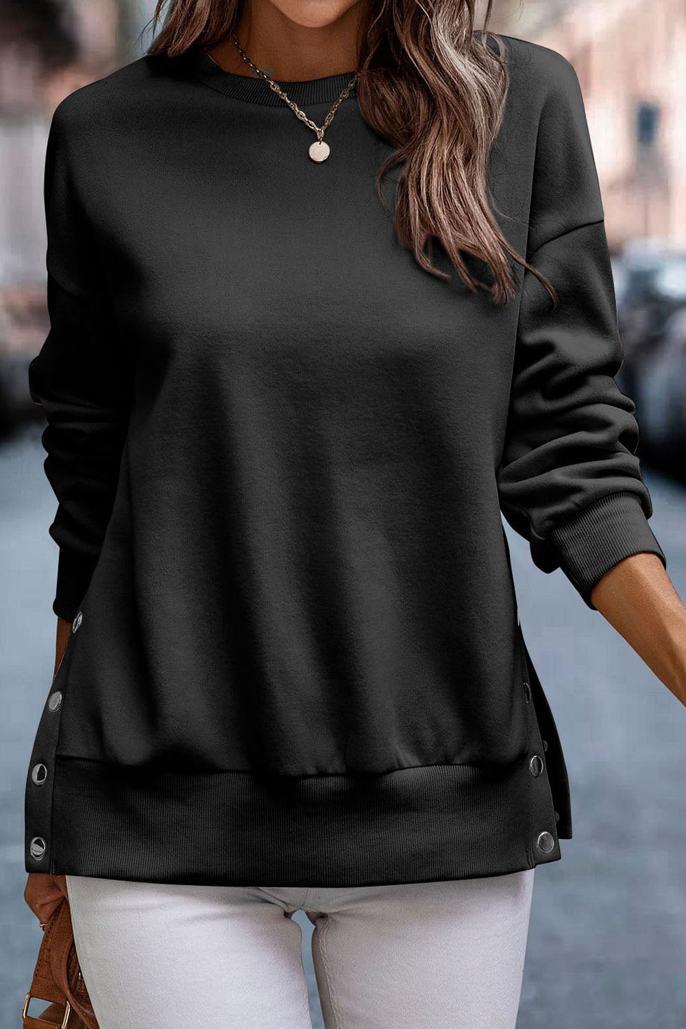 Snap Detail Round Neck Dropped Shoulder Sweatshirt - Tantalize Boutique