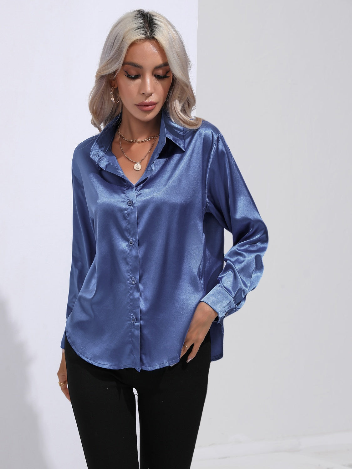 Collared Neck Buttoned Long Sleeve Shirt - Tantalize Boutique