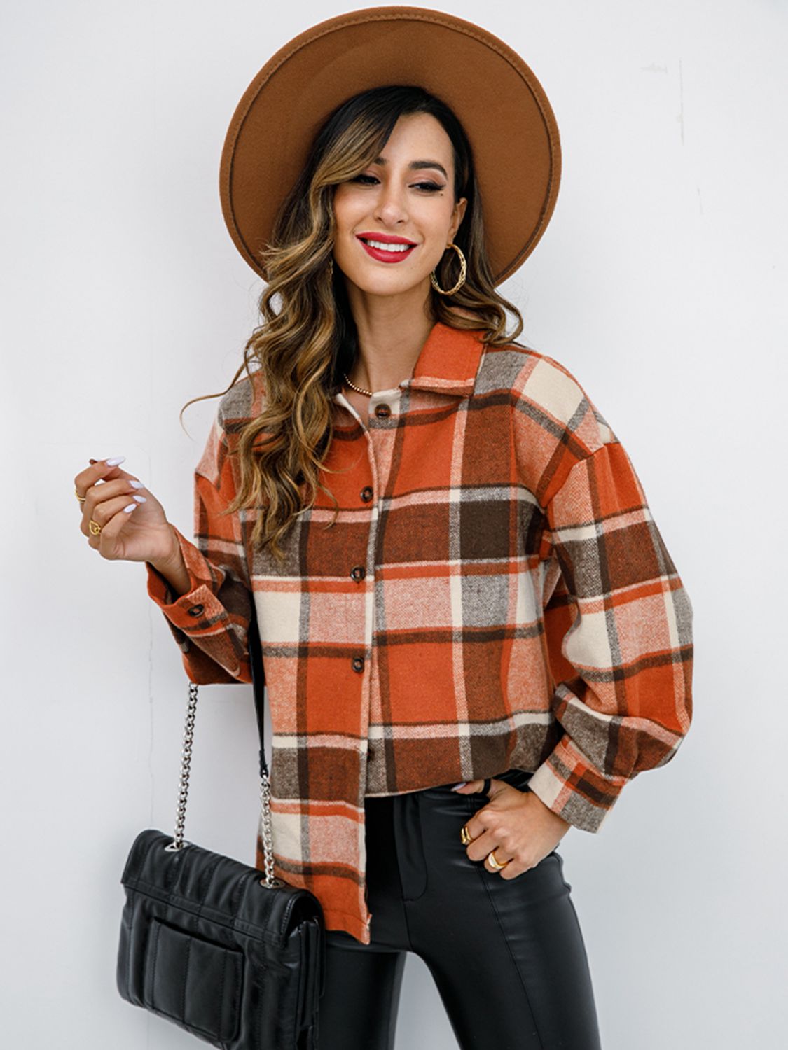 Plaid Button Up Collared Neck Jacket - Tantalize Boutique