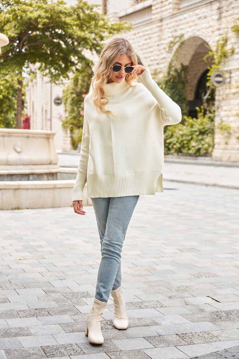 Ribbed Turtleneck Long Sleeve Slit Sweater - Tantalize Boutique