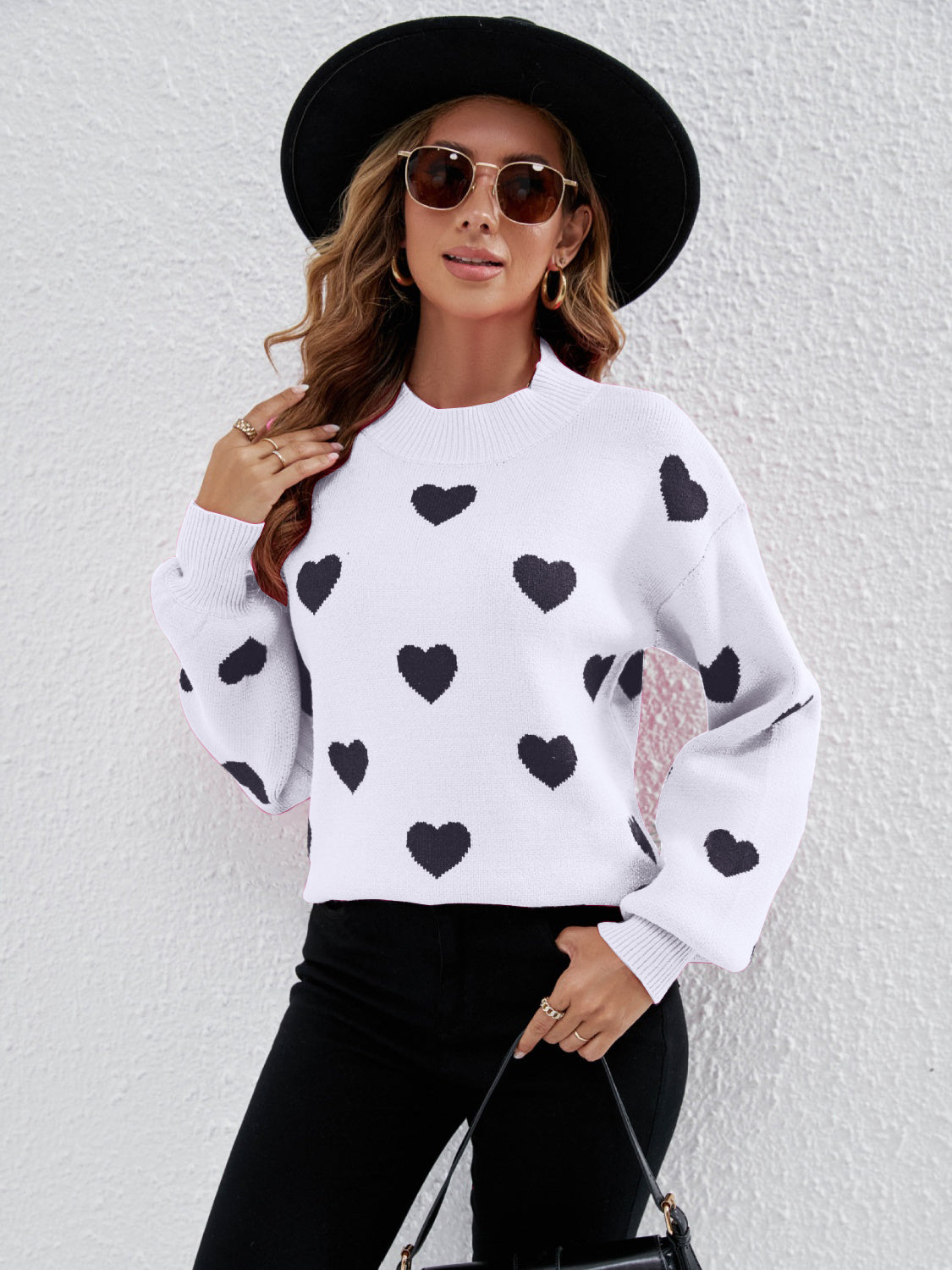 Heart Round Neck Dropped Shoulder Sweater - Tantalize Boutique