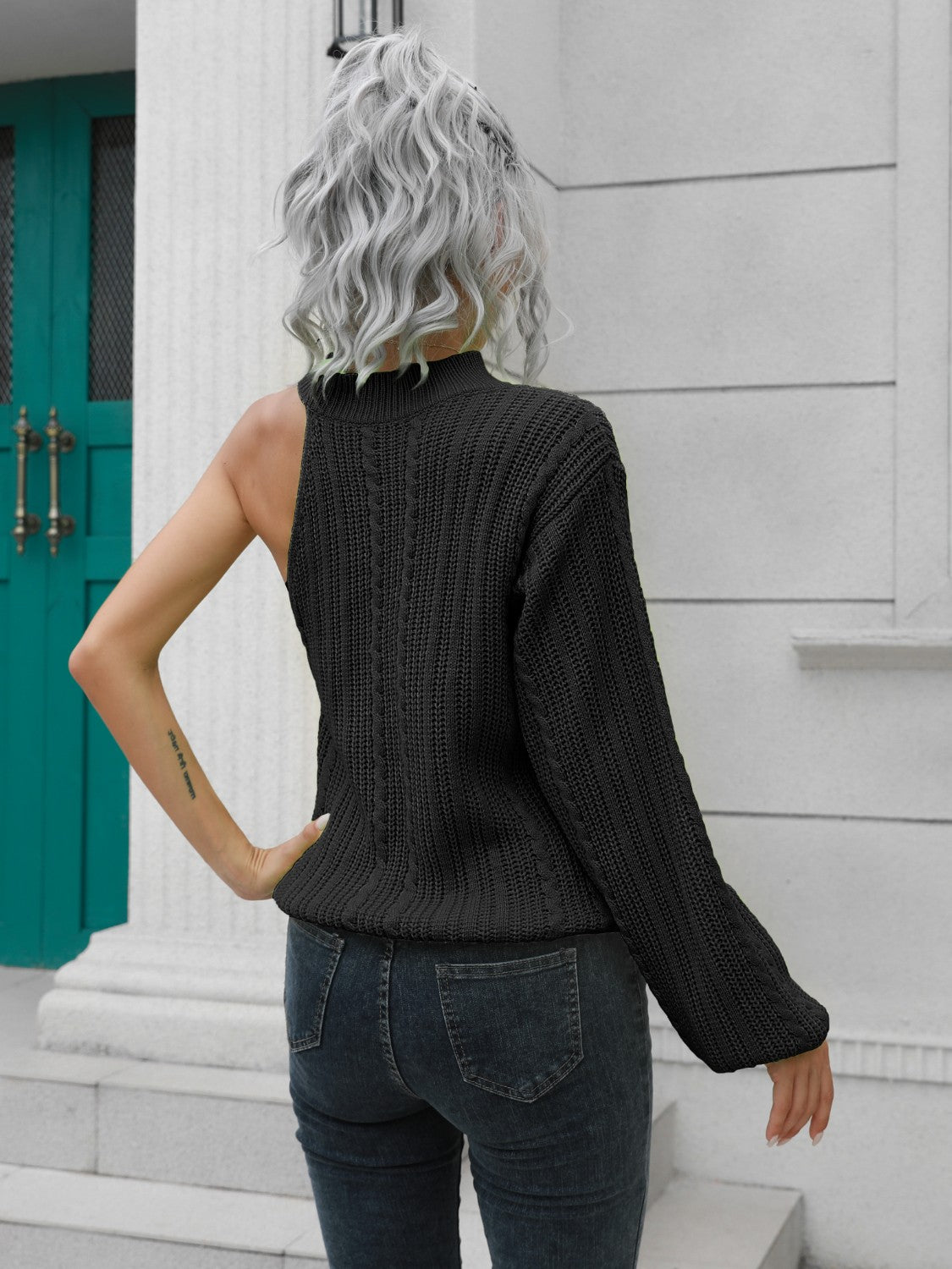 Cable-Knit Round Neck Asymmetrical Sweater - Tantalize Boutique
