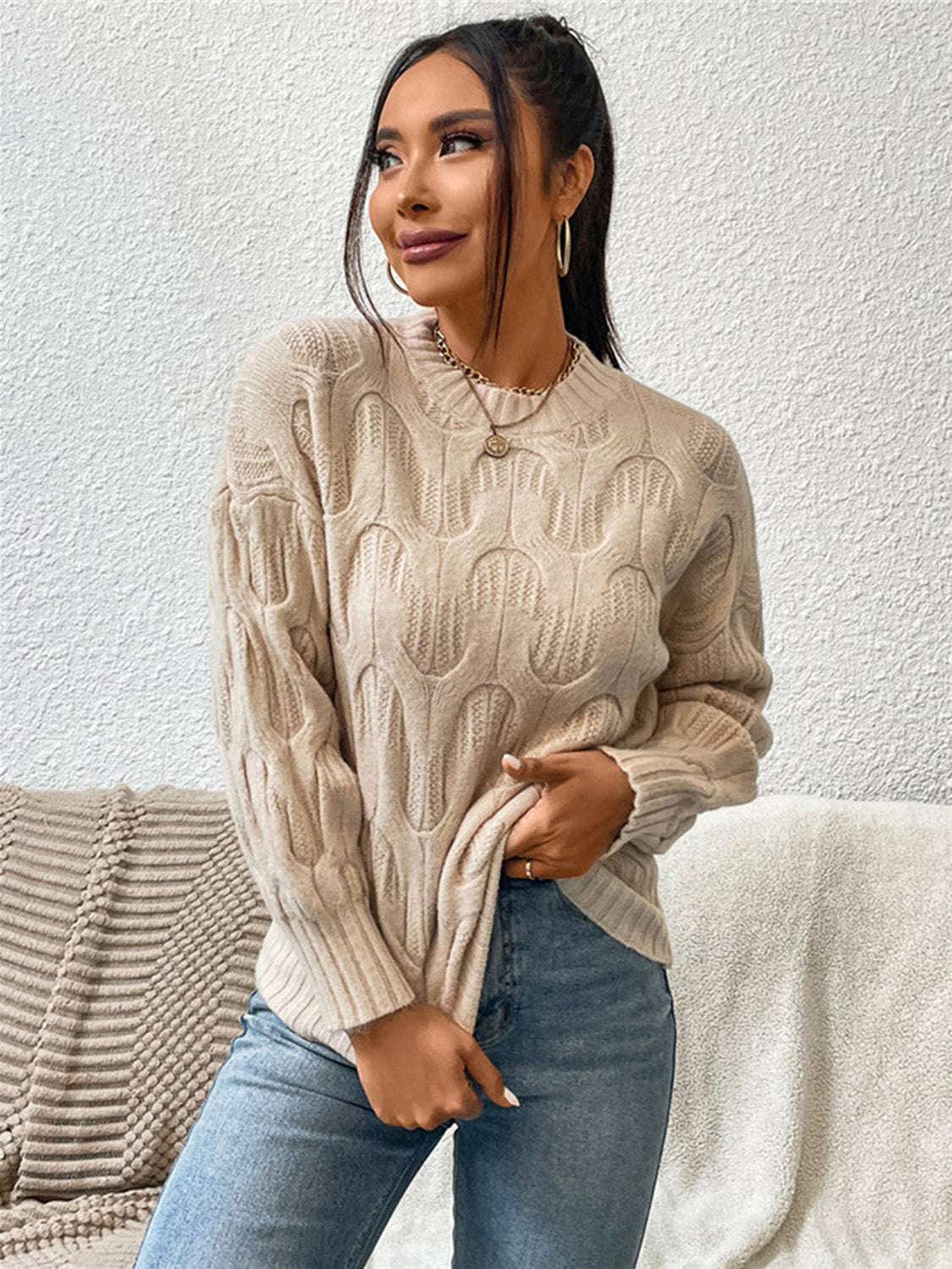 Round Neck Long Sleeve Sweater - Tantalize Boutique