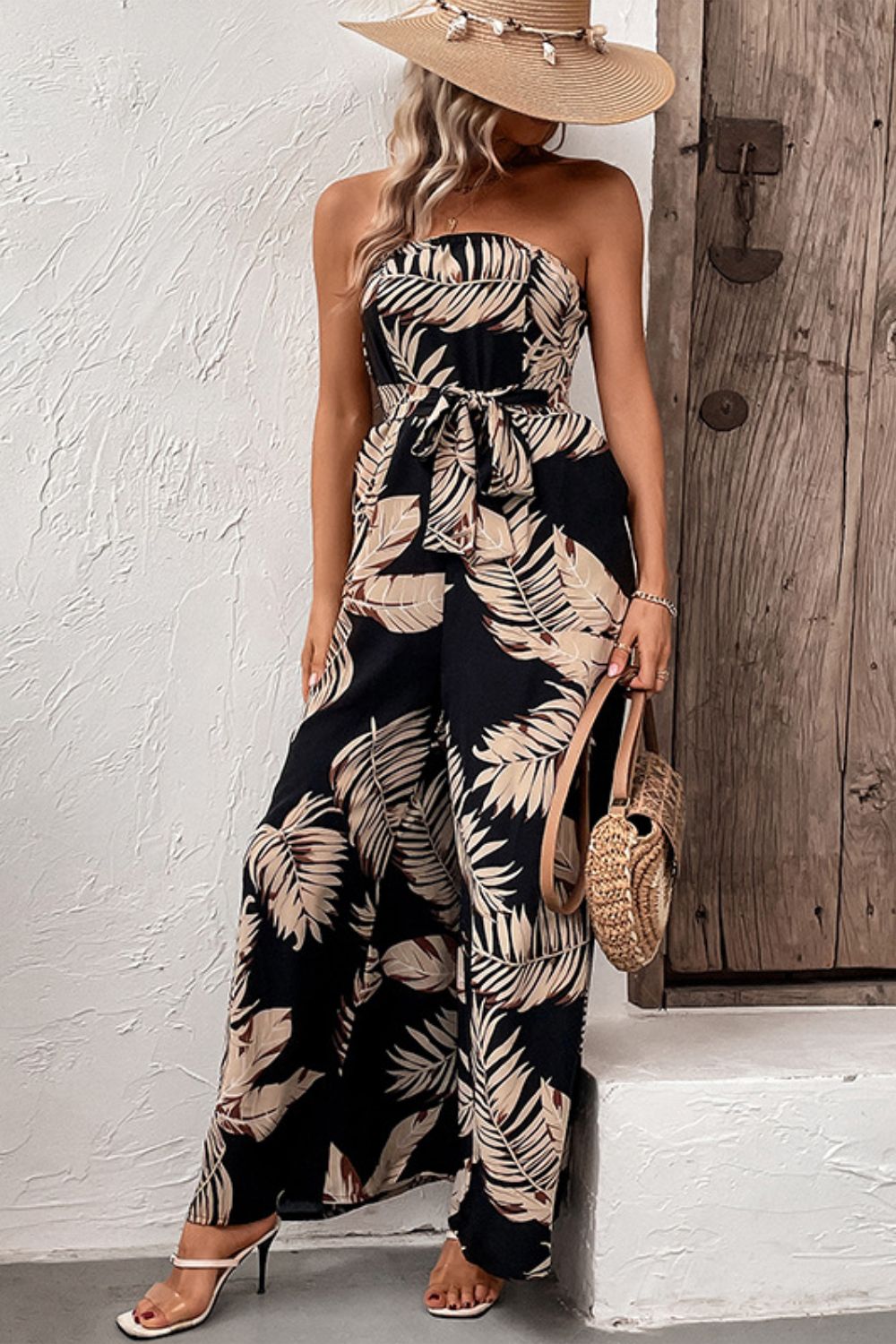 Printed Strapless Wide Leg Jumpsuit with Pockets - Tantalize Boutique