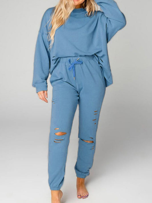 Distressed Sweatshirt and Joggers Set - Tantalize Boutique