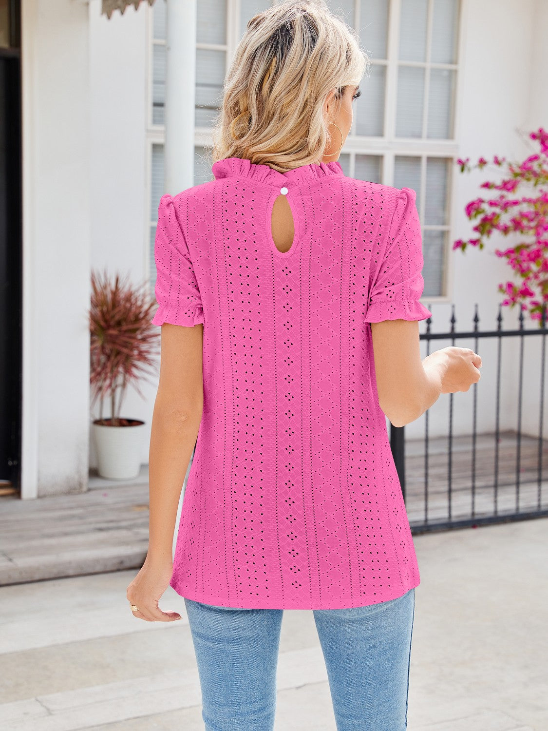 Eyelet Frill Mock Neck Flounce Sleeve Blouse - Tantalize Boutique