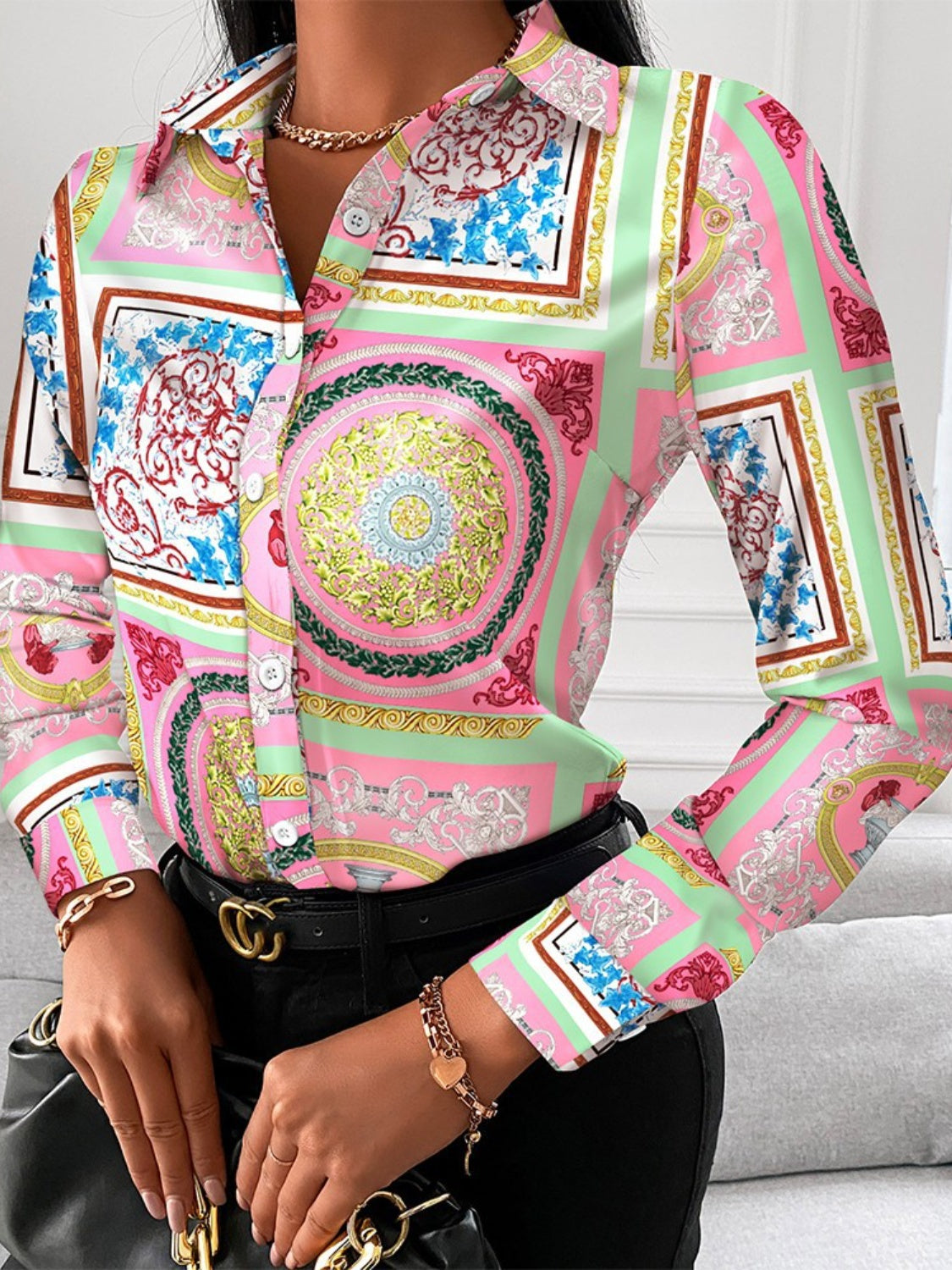 Printed Collared Neck Long Sleeve Shirt - Tantalize Boutique