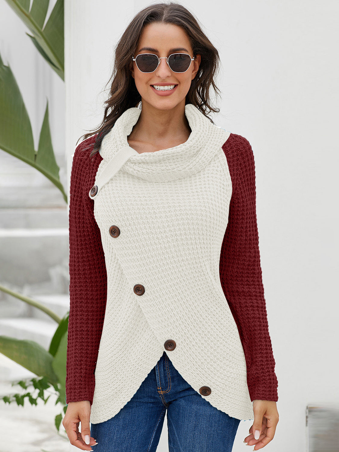Contrast Decorative Button Turtleneck Sweater - Tantalize Boutique