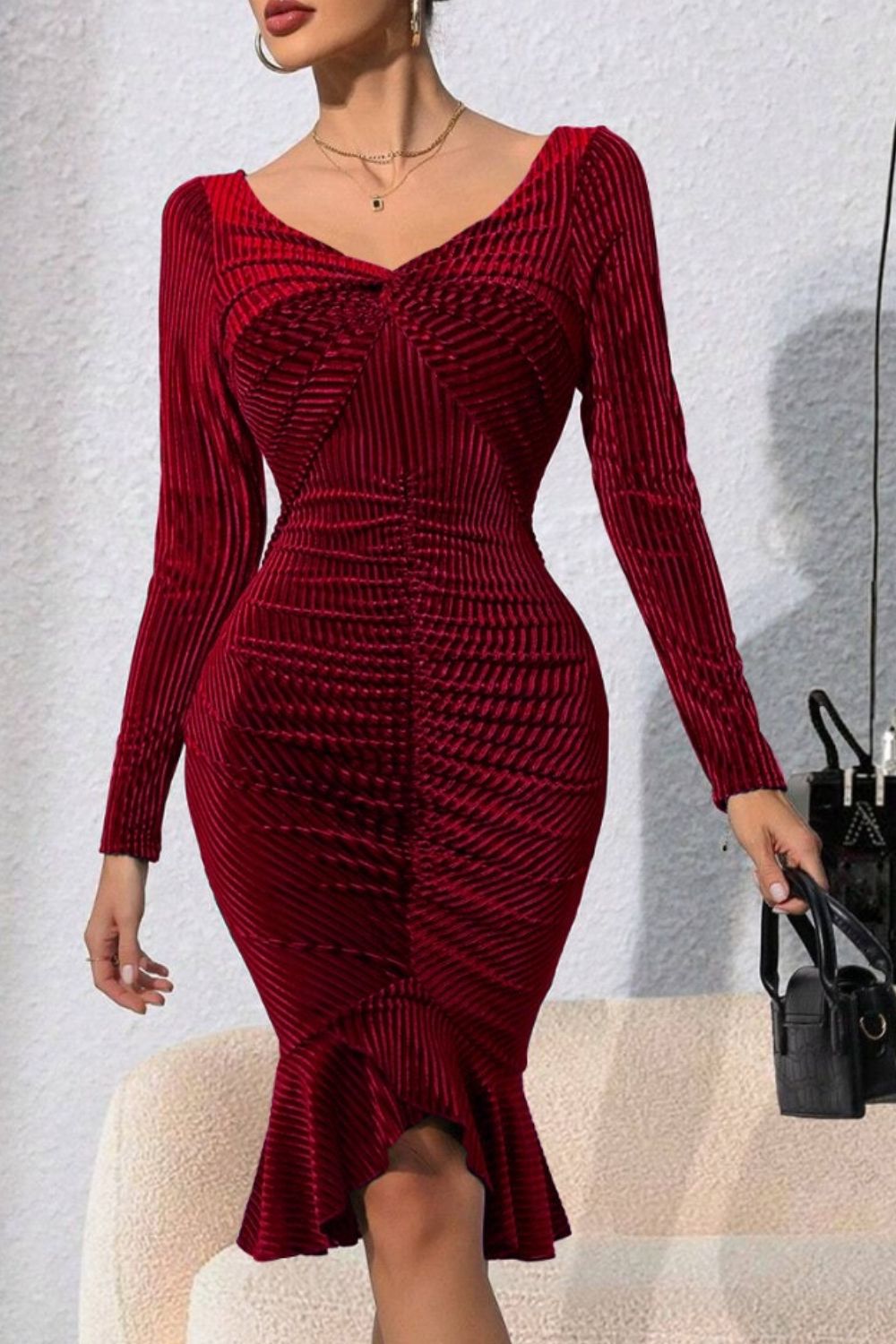 Ruched Twisted Long Sleeve Peplum Dress - Tantalize Boutique
