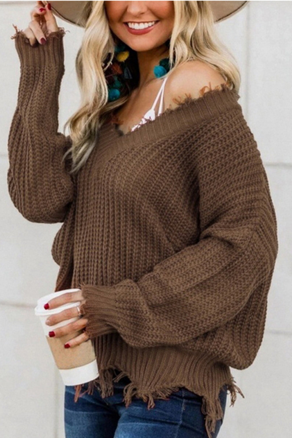 Frayed Hem Dropped Shoulder Sweater - Tantalize Boutique