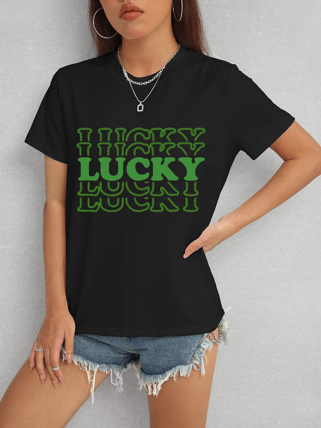 LUCKY Round Neck Short Sleeve T-Shirt - Tantalize Boutique