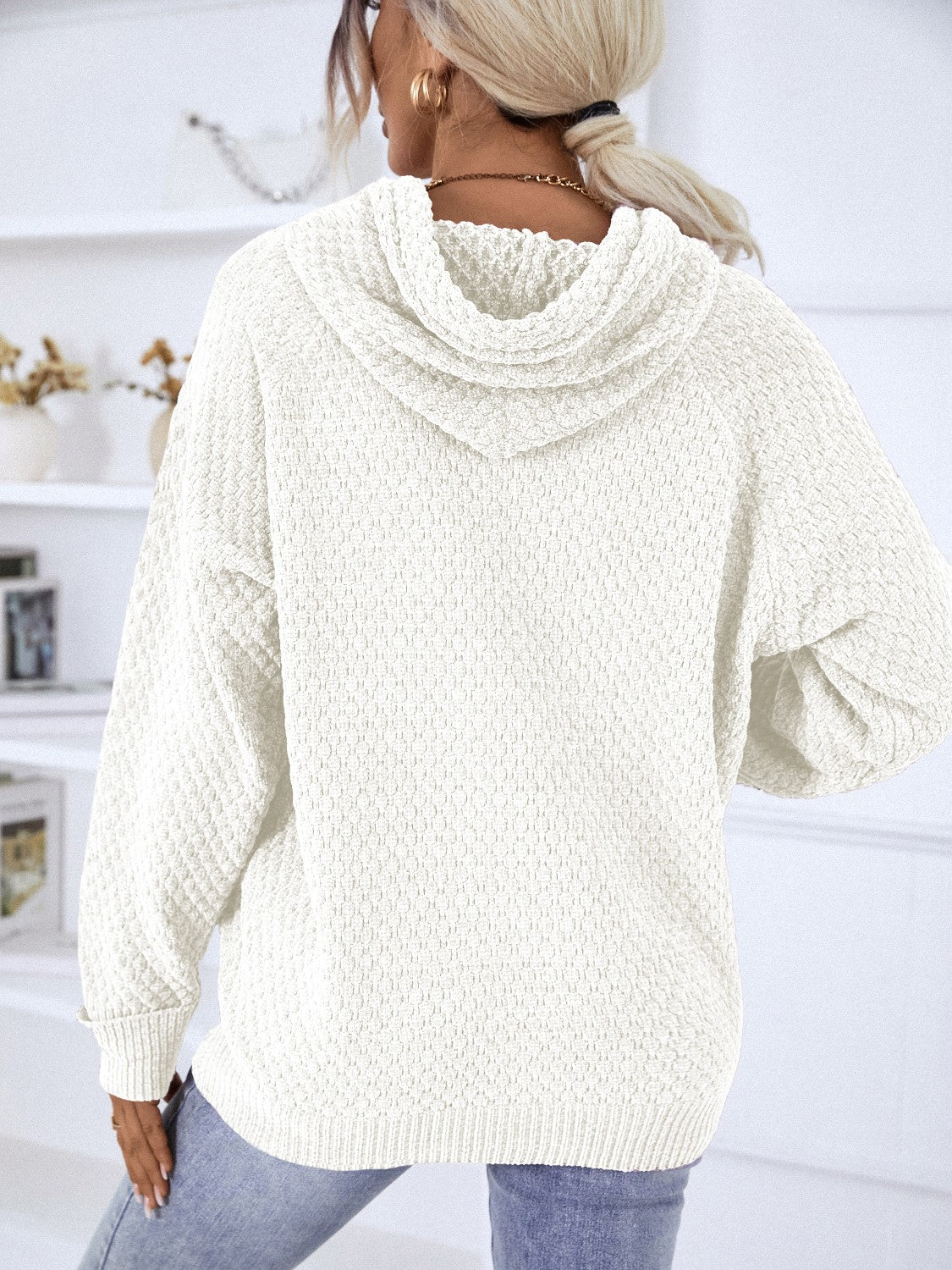 Texture Drawstring Long Sleeve Hooded Sweater - Tantalize Boutique