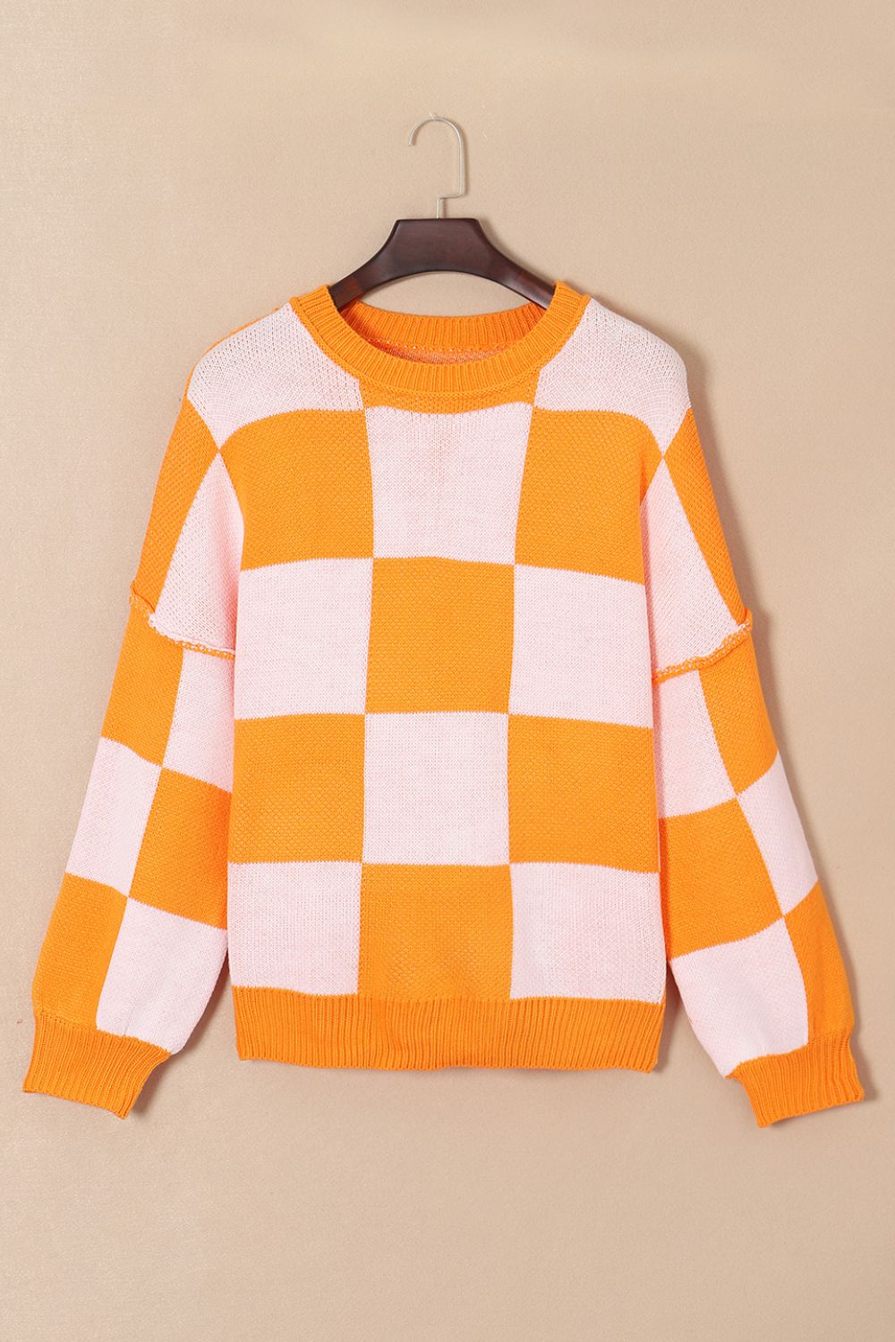 Checkered Exposed Seam Drooped Shoulder Sweater - Tantalize Boutique