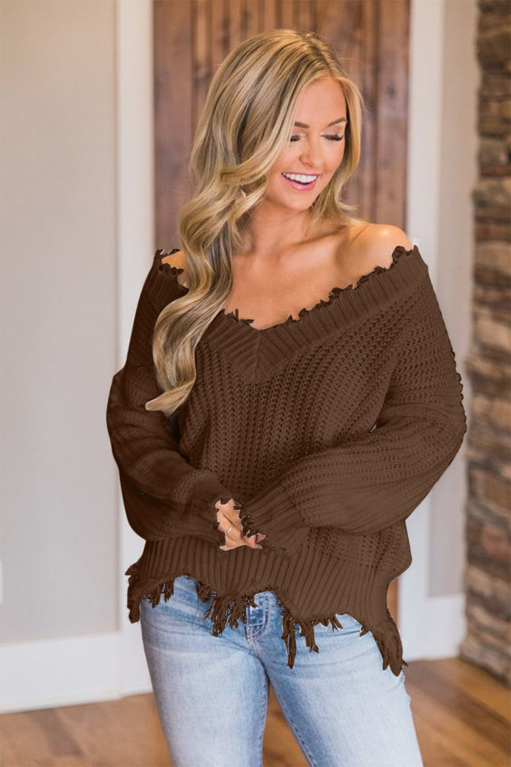 Frayed Hem Dropped Shoulder Sweater - Tantalize Boutique