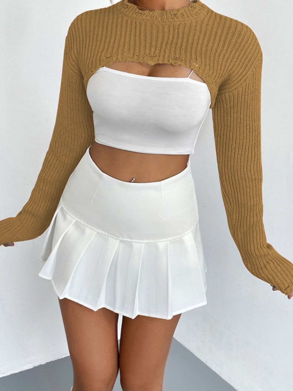 Distressed Long Sleeve Cropped Sweater - Tantalize Boutique