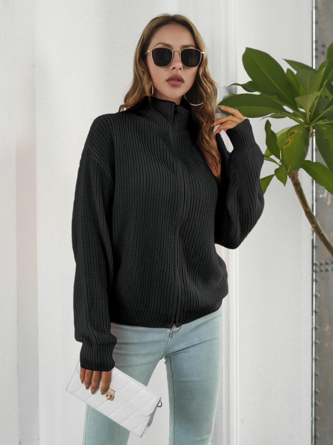 Turtleneck Zip Up Long Sleeve Knit Top - Tantalize Boutique