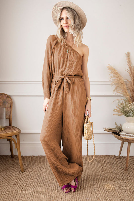 Texture Single Shoulder Tie-Waist Jumpsuit - Tantalize Boutique