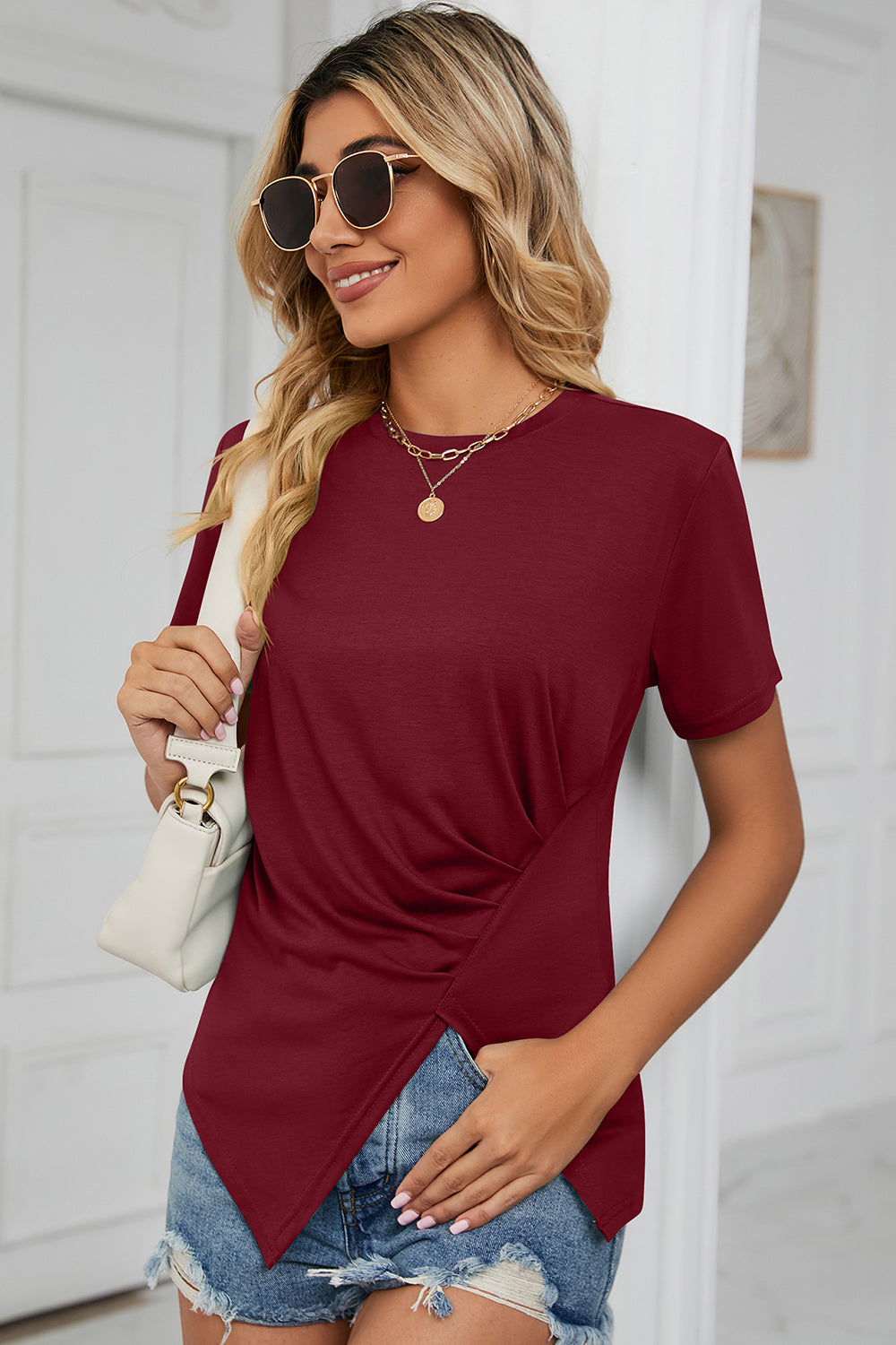 Ruched Round Neck Short Sleeve T-Shirt - Tantalize Boutique