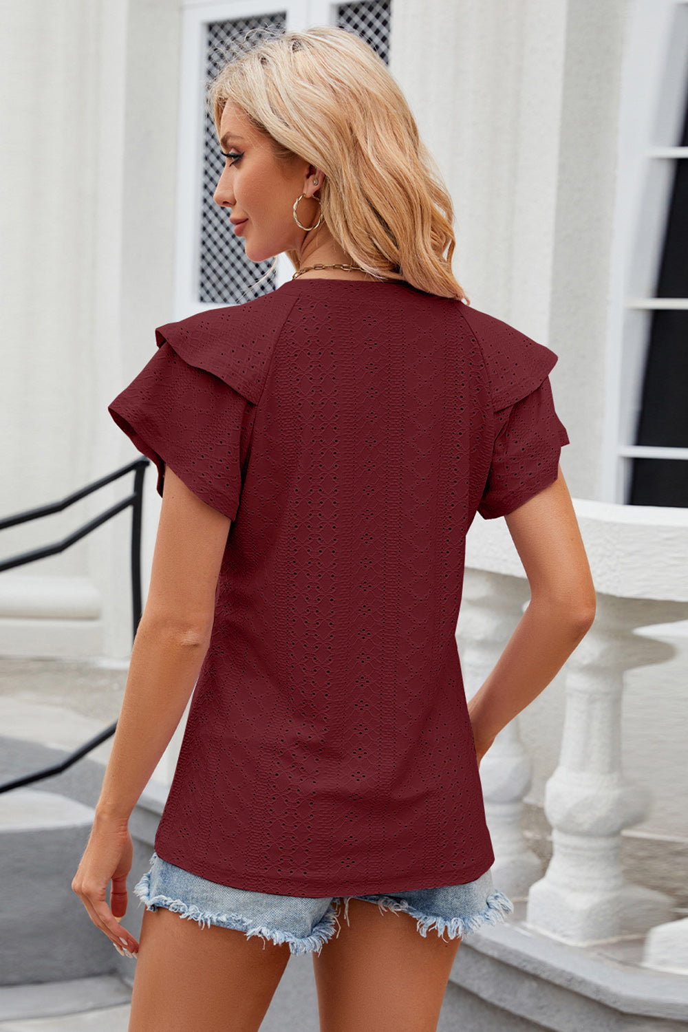 Eyelet Notched Short Sleeve T-Shirt - Tantalize Boutique