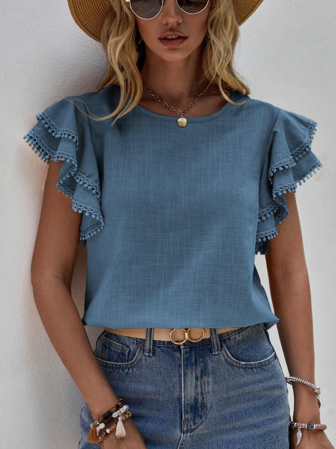 Ruffled Cap Sleeve Round Neck Blouse - Tantalize Boutique