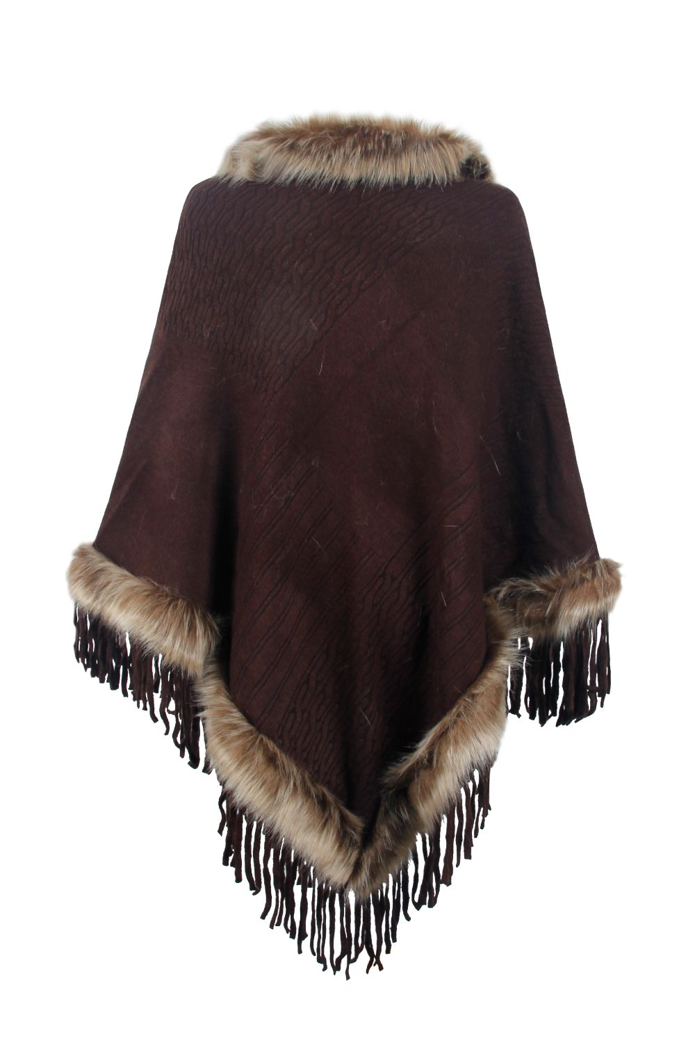 Faux Fur Trim Fringed Poncho - Tantalize Boutique