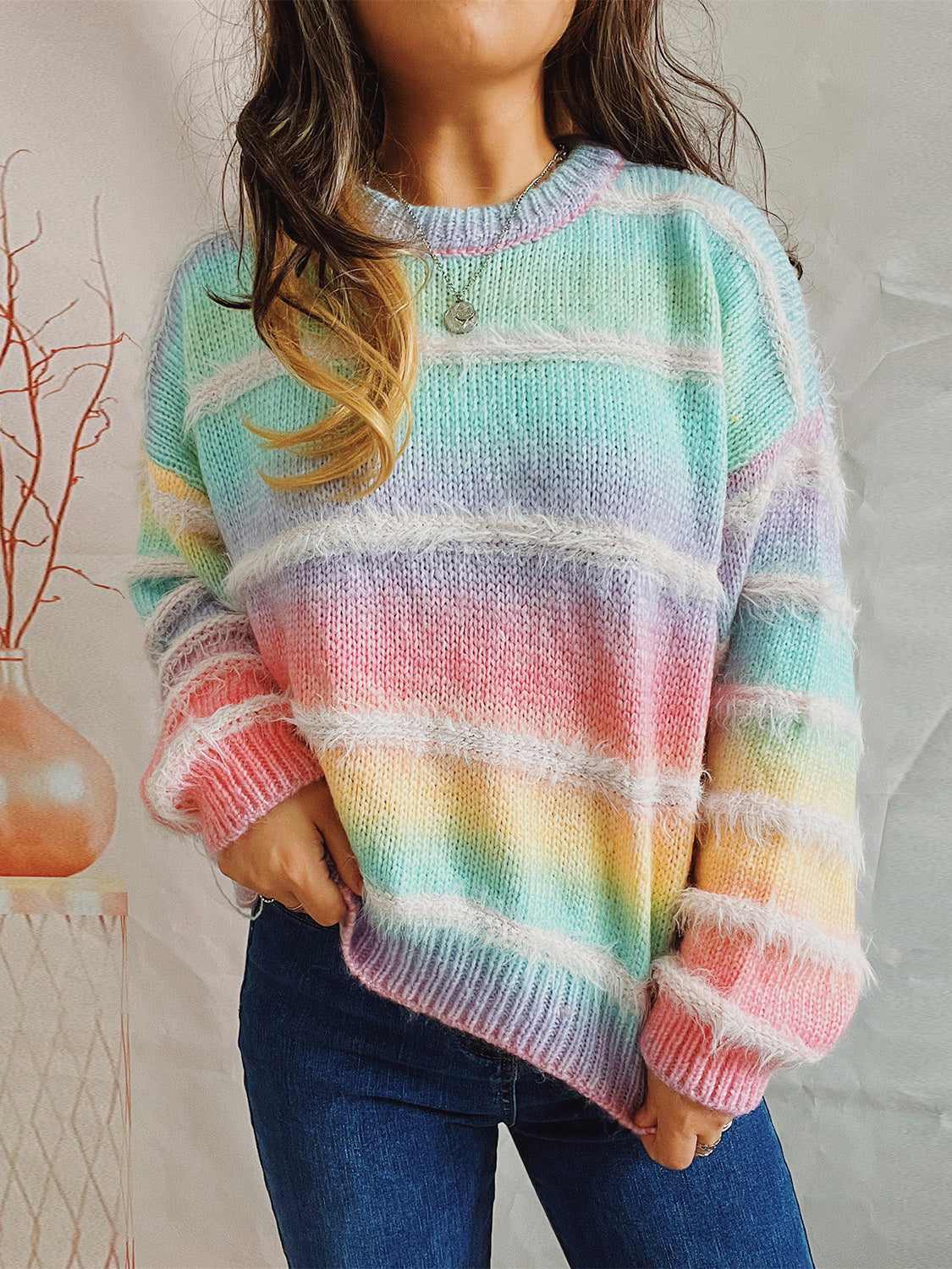 Striped Round Neck Long Sleeve Sweater - Tantalize Boutique