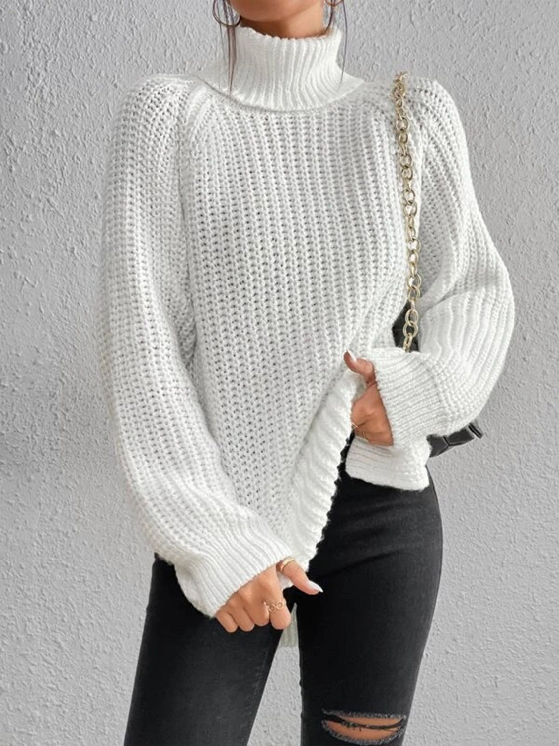 Full Size Turtleneck Rib-Knit Slit Sweater - Tantalize Boutique