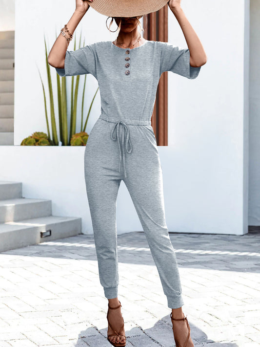 Buttoned Half Sleeve Round Neck Jumpsuit - Tantalize Boutique
