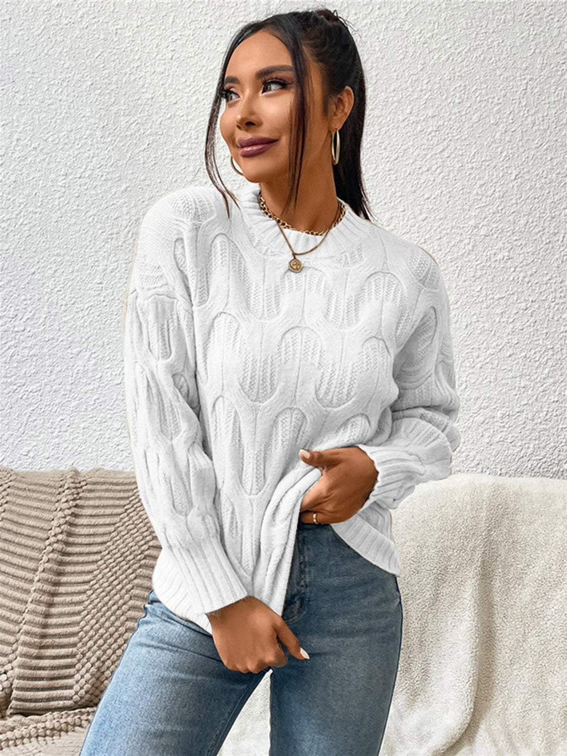 Round Neck Long Sleeve Sweater - Tantalize Boutique