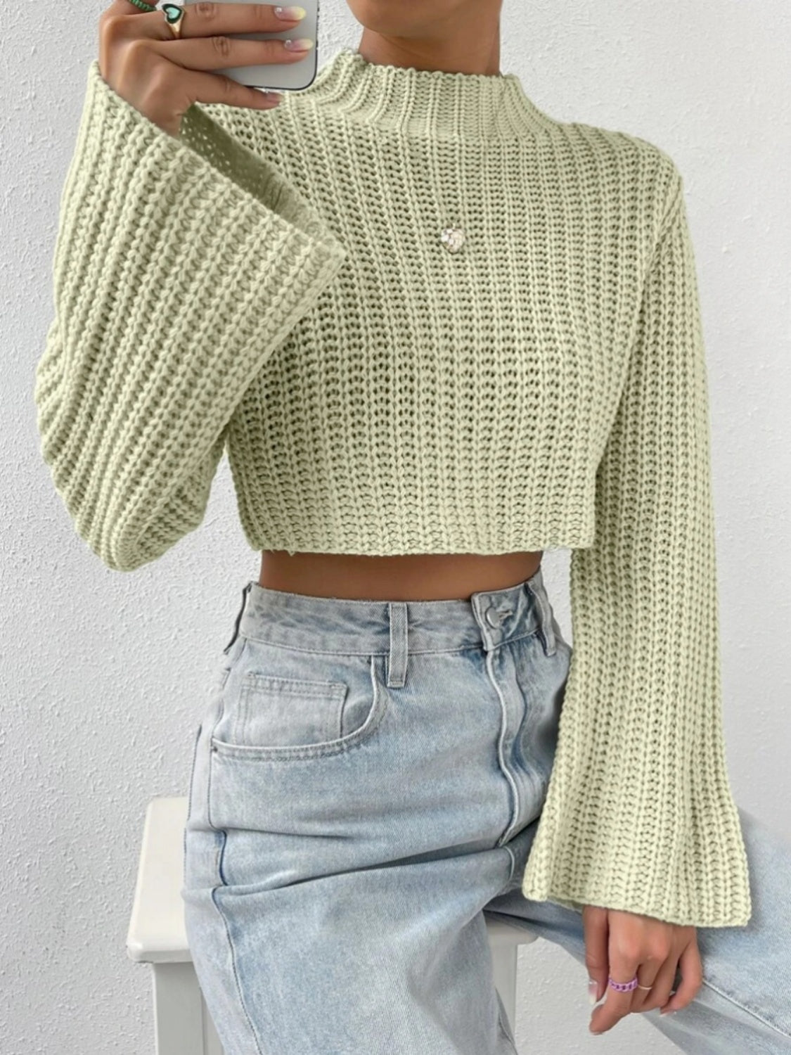 Mock Neck Long Sleeve Cropped Sweater - Tantalize Boutique