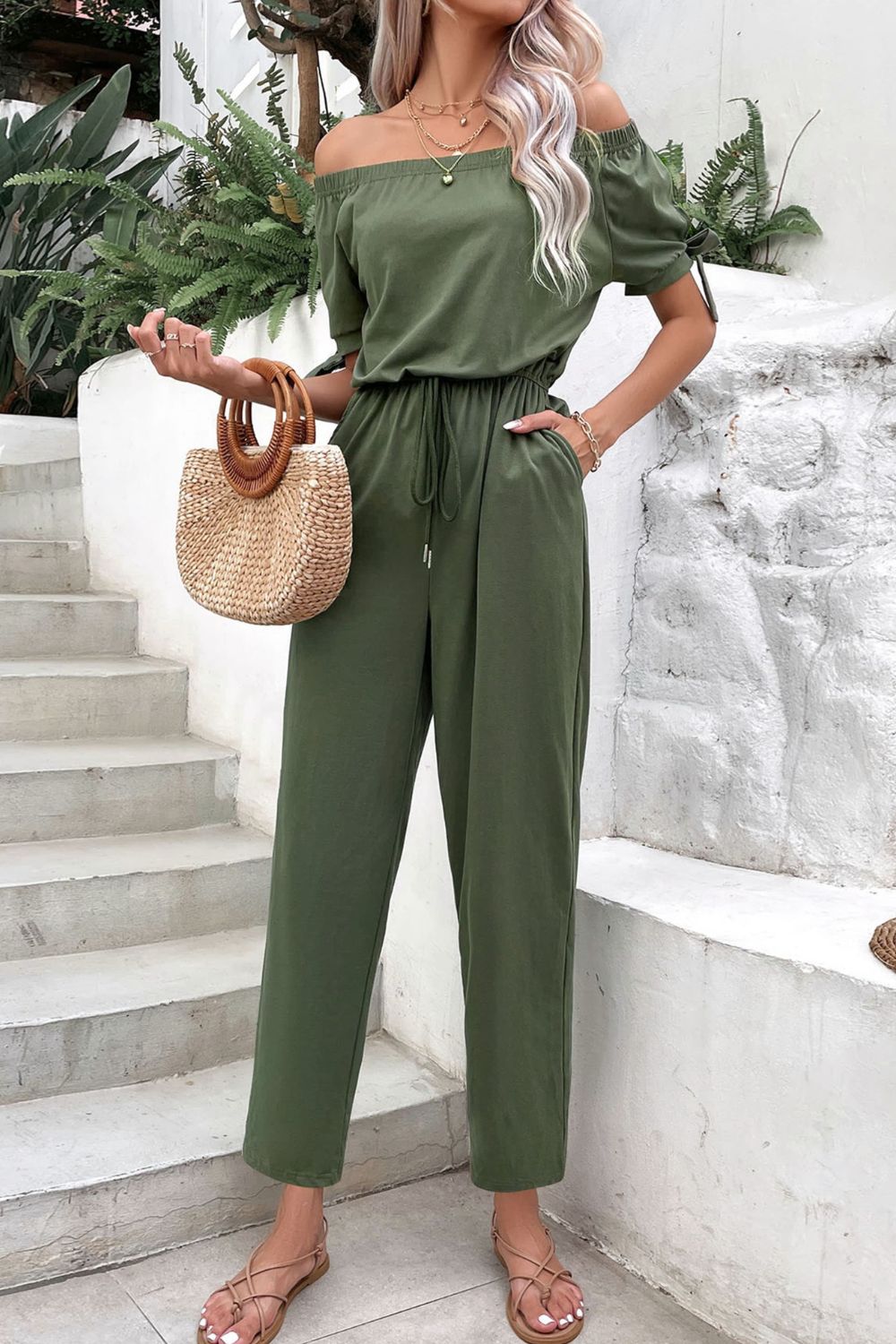 Off-Shoulder Tie Cuff Jumpsuit with Pockets - Tantalize Boutique