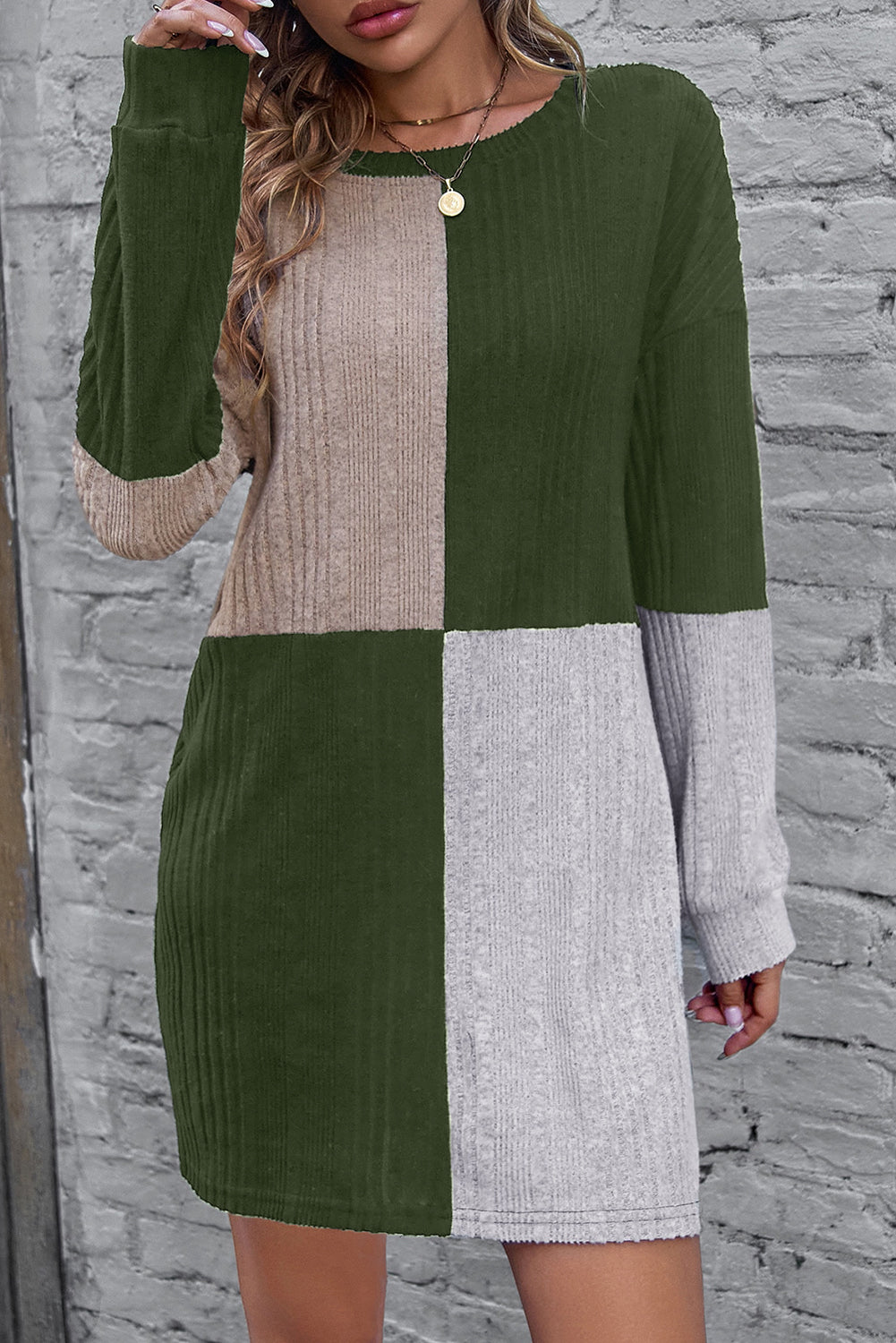Textured Color Block Round Neck Dress - Tantalize Boutique