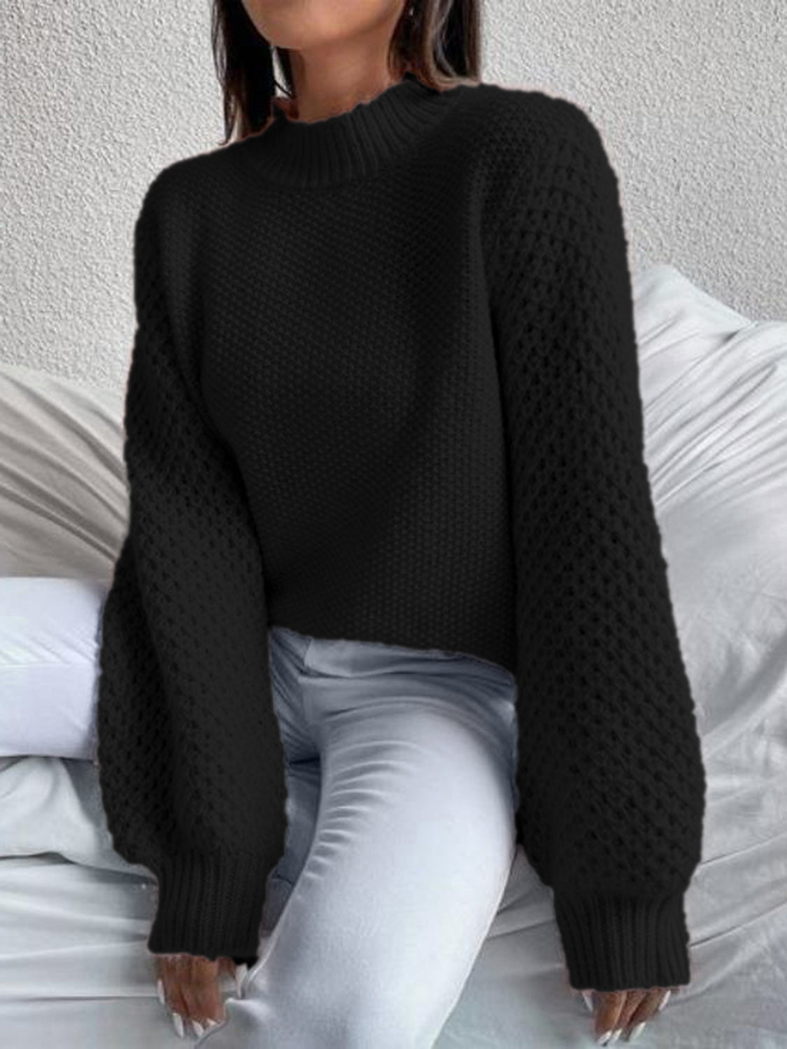 Openwork Mock Neck Long Sleeve Sweater - Tantalize Boutique