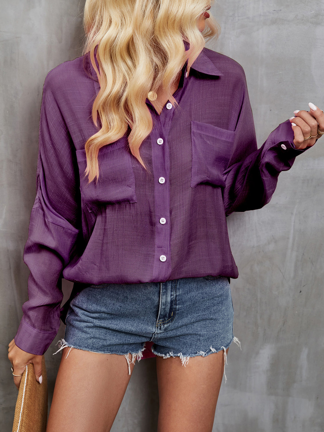 Pocketed Button Up Long Sleeve Shirt - Tantalize Boutique