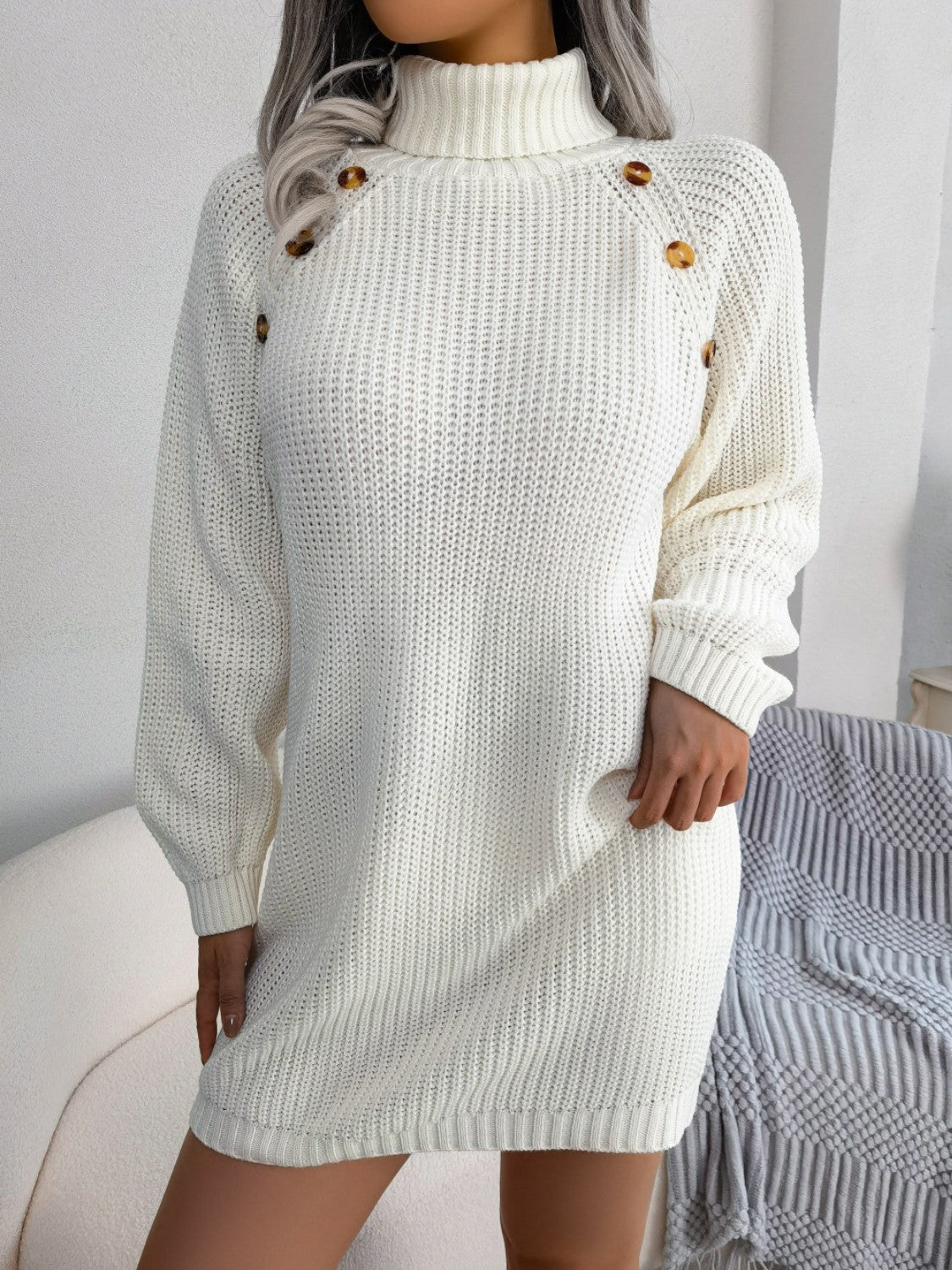 Decorative Button Turtleneck Sweater Dress - Tantalize Boutique