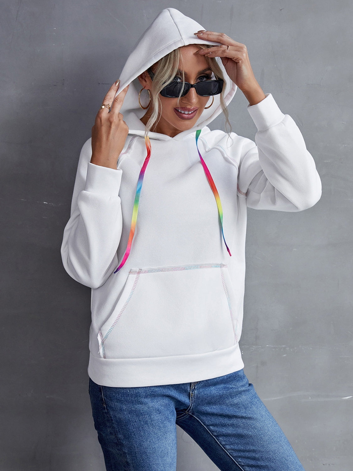 Contrast Stitching Drawstring Raglan Sleeve Hoodie - Tantalize Boutique
