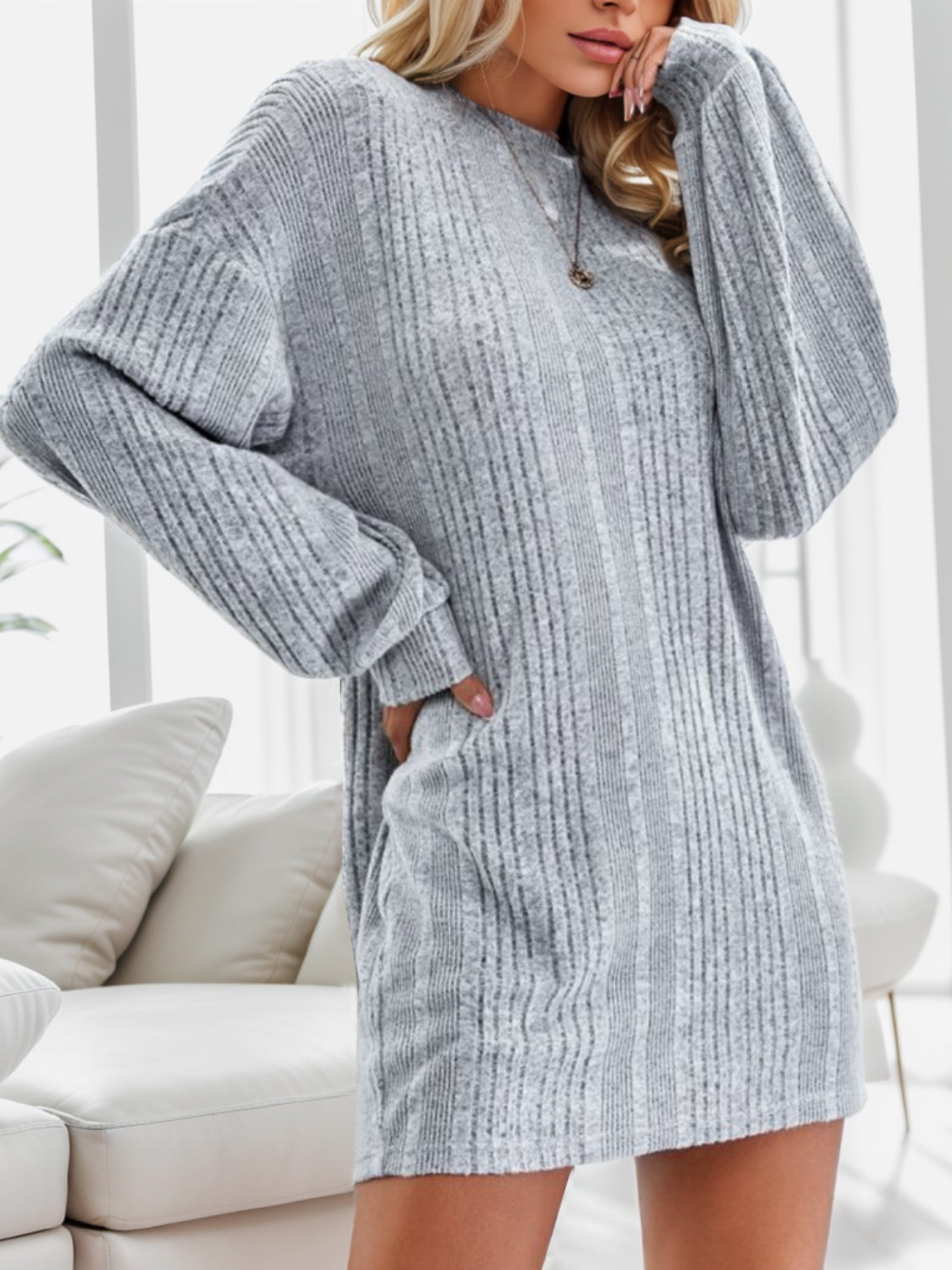 Round Neck Dropped Shoulder Mini Dress - Tantalize Boutique